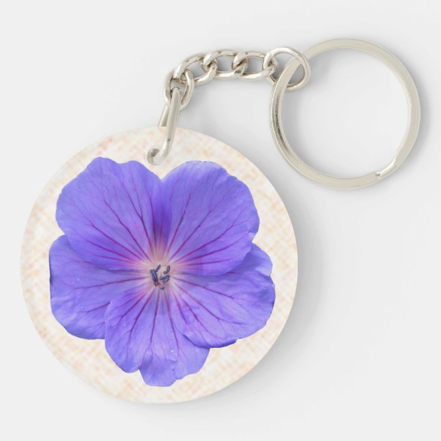 Botanical Bright Blue Geranium Flower Key Ring (Back)