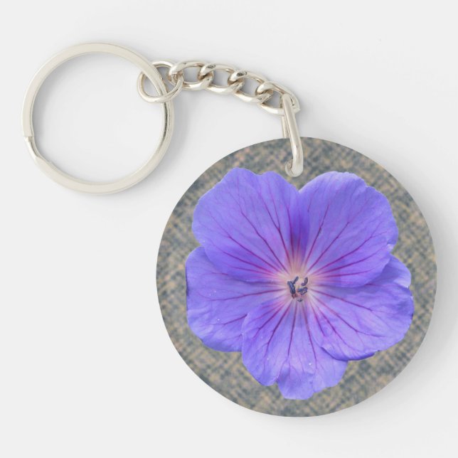 Botanical Bright Blue Geranium Flower Key Ring (Front)