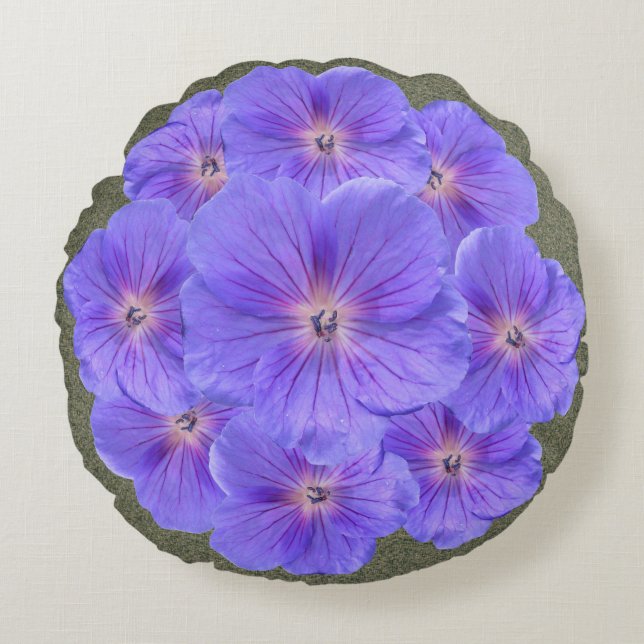 Botanical Bright Blue Geranium Flowers Round Cushion (Front)