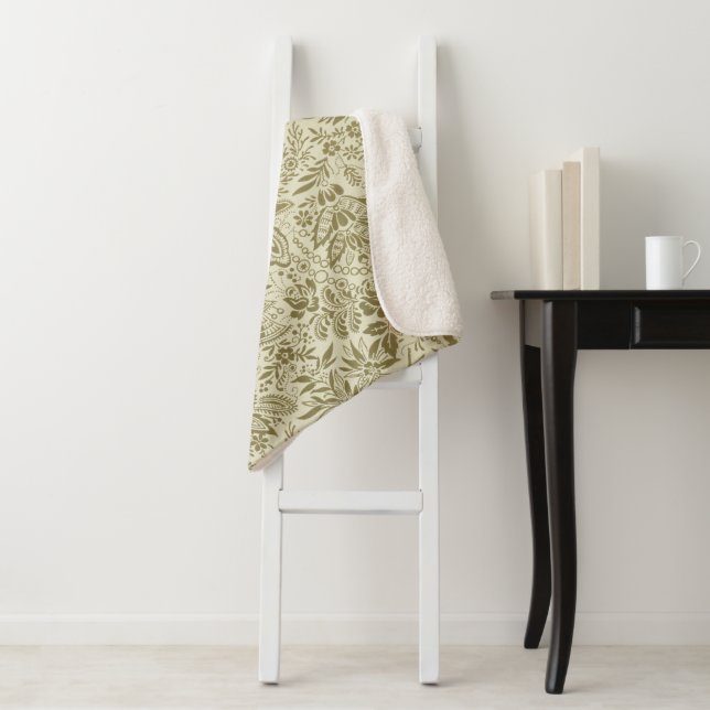 Botanical Brocade Toile Floral Green Sage Pattern Sherpa Blanket (In Situ)
