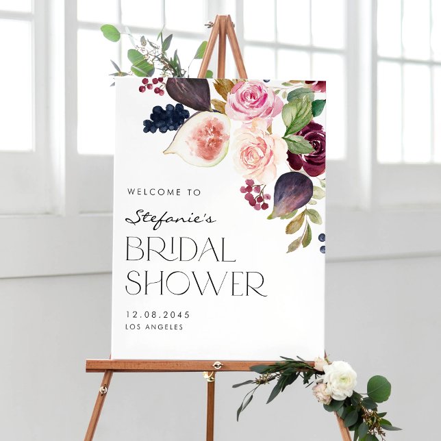 Botanical Burgundy and Fig Bridal Shower Welcome Poster (Botanical bridal shower welcome sign with watercolor figs, berries and burgundy flowers.)