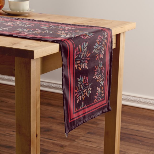 Botanical Burgundy Berries & Leaves Red Stripes Short Table Runner (In Situ)