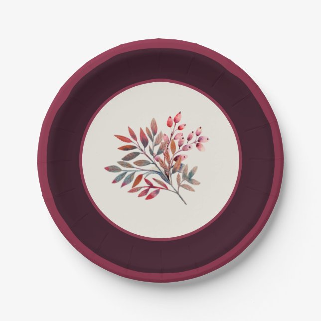 Botanical Burgundy Berry Stripe Paper Plate (Front)