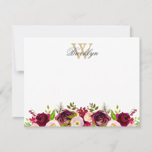 Botanical Burgundy Blush Floral Monogram Note Card