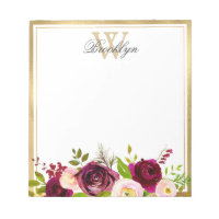 Botanical Burgundy Blush Pink Floral Monogram Note