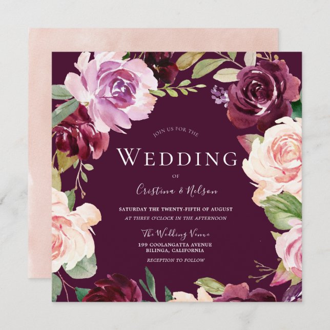 Botanical Burgundy Blush Watercolor Wedding Invitation (Front/Back)