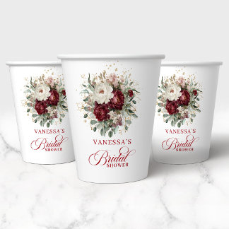 Botanical Burgundy Floral Bridal Shower Paper Cups