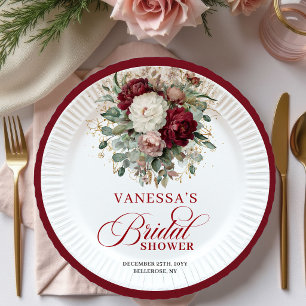 Botanical Burgundy Floral Bridal Shower Paper  Plate
