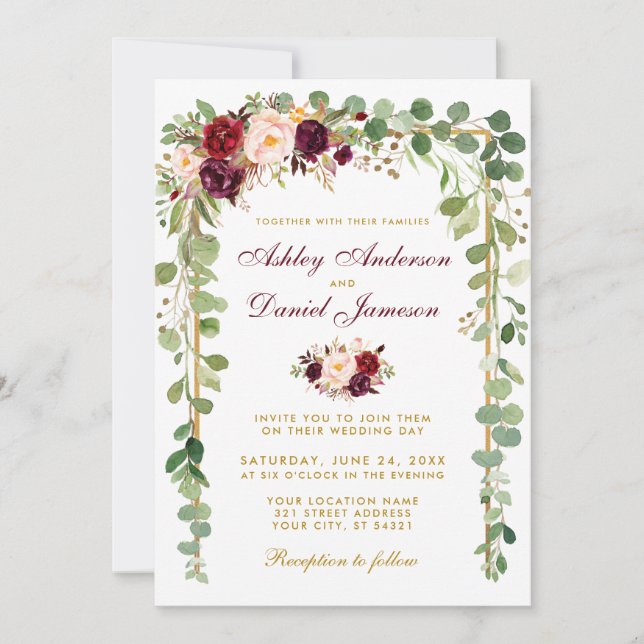 Botanical Burgundy Floral Gold Frame Wedding Invitation (Front)