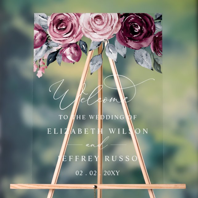 Botanical Burgundy Floral Wedding Welcome Sign (Neutral)