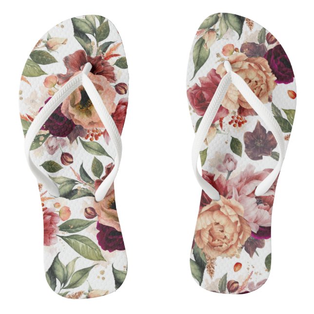 Botanical Burgundy Red and Orange Floral Pattern Jandals (Footbed)