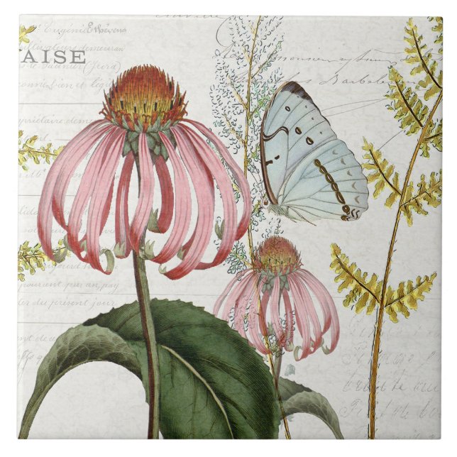 Botanical Butterfly Pink Wildflower Fern Vintage 3 Tile (Front)