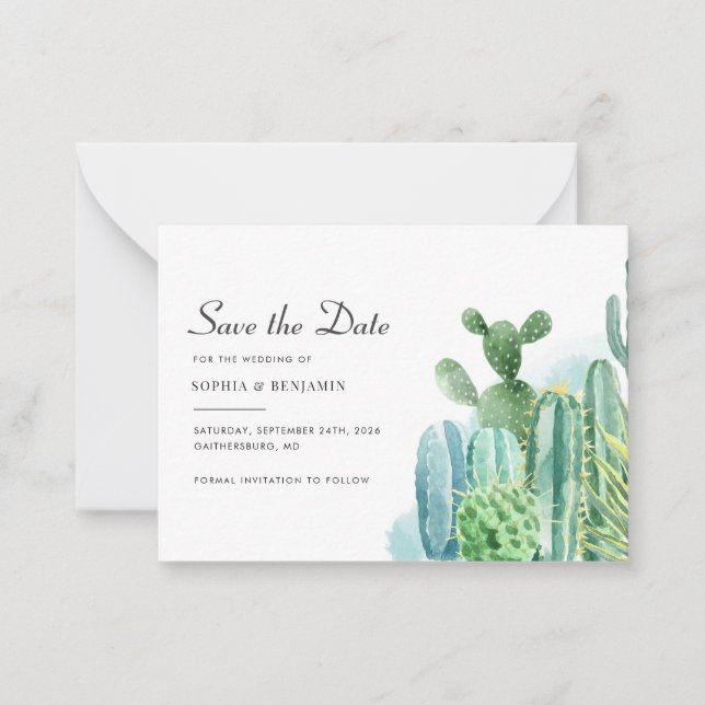 Botanical Cacti Watercolor Succulent Wedding Save  Card (Front)
