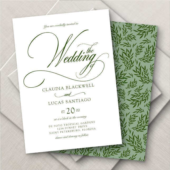 Botanical Calligraphy Green Wedding Invitation (Creator Uploaded)