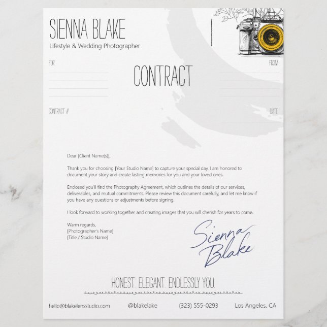 Botanical Camera Photographer Contract Cover Sheet Custom Letterhead (Front)