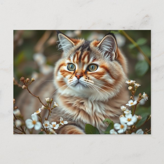Botanical Cat Portrait with Delicate Flowers Postcard (Front)