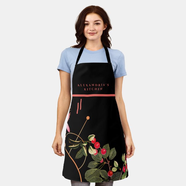 Botanical Cherries | Custom Name + Kitchen | Black Apron (Worn)