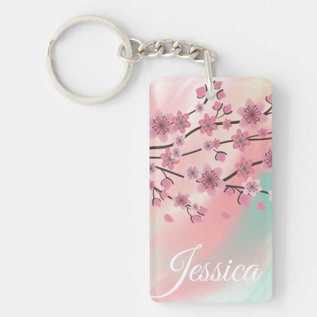 Botanical Cherry Blossom Falling Petals Ombré Art Key Ring (Front)