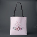 Botanical chic blush pink  floral monogrammed tote bag<br><div class="desc">Botanical chic floral elegant plants foliage grey blush pink flower monogram tote bag.</div>