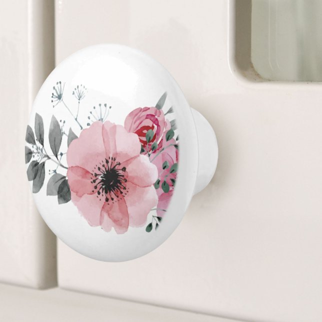 Botanical chic floral elegant grey pink flower ceramic knob (Botanical chic floral elegant grey pink flower ceramic knob)