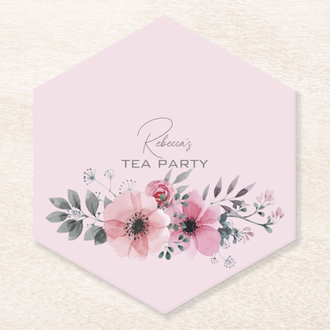 Botanical chic floral elegant grey pink flower paper coaster (Front)