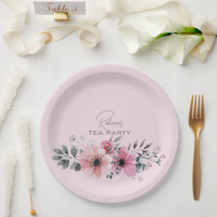 Botanical chic floral elegant grey pink flower paper plate