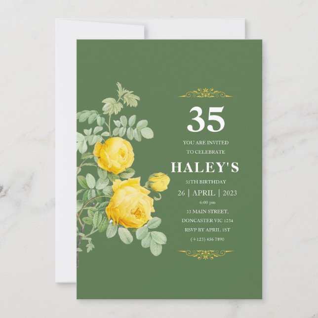 Botanical Chic Yellow & Green Floral 35th Birthday Invitation (Front)