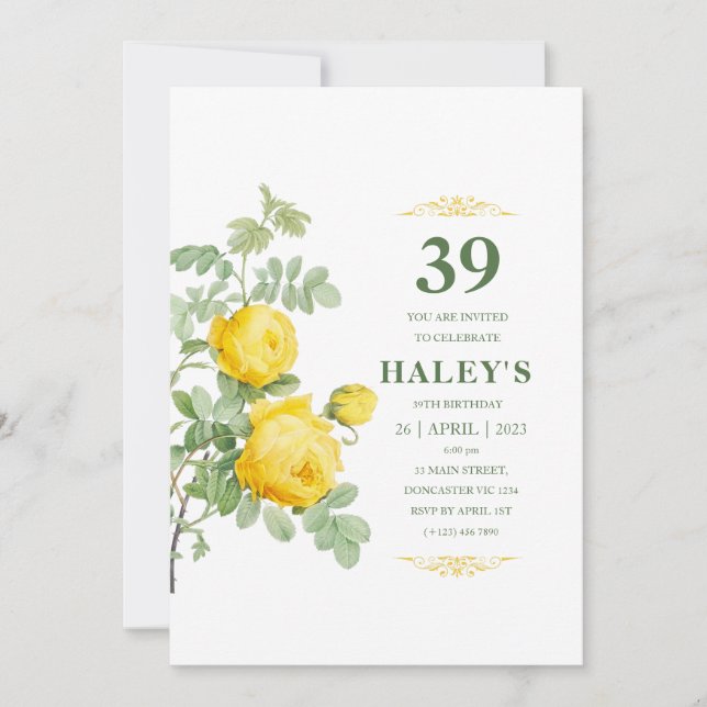 Botanical Chic Yellow & Green Floral 39th Birthday Invitation (Front)