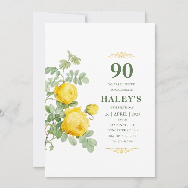 Botanical Chic Yellow & Green Floral 90th Birthday Invitation (Front)