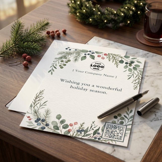 Botanical Christmas Corporate Logo QR Code Holiday Custom Letterhead (Botanical Christmas Corporate Logo QR Code Holiday Letterhead)