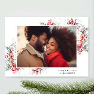 Botanical Christmas Frame Cherry White Red Photo Holiday Card
