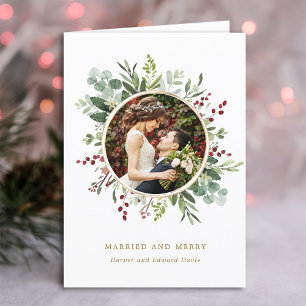 Botanical Christmas Gold Married and Merry Photo  Holiday Card