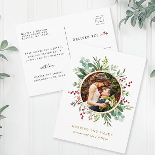 Botanical Christmas Gold Married and Merry Photo Postcard