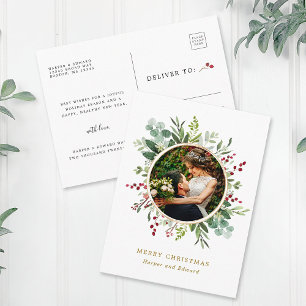 Botanical Christmas Gold Script Photo Holiday Postcard
