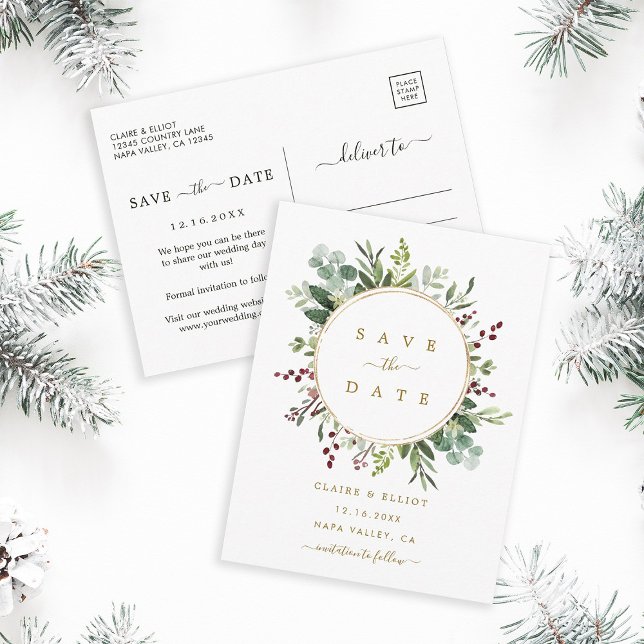 Botanical Christmas Gold Wedding Save the Date Announcement Postcard (Front & Back)