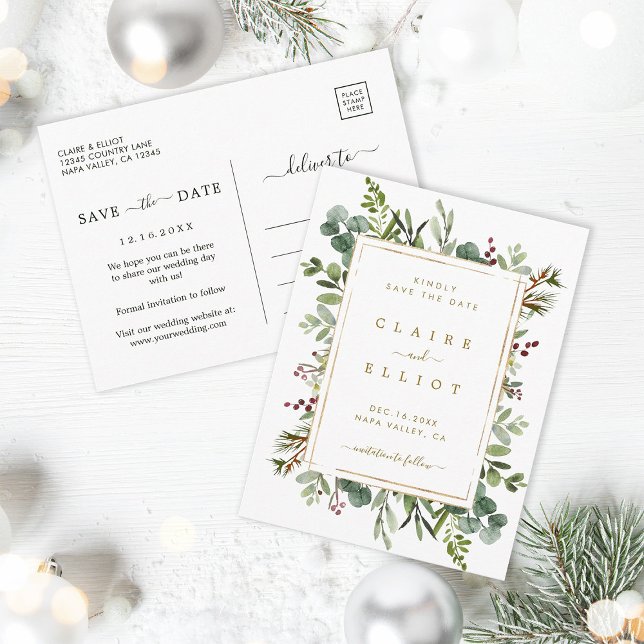 Botanical Christmas Gold Wedding Save the Date Announcement Postcard (Front & Back)