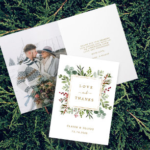 Botanical Christmas Gold Wedding Thank You Photo Card