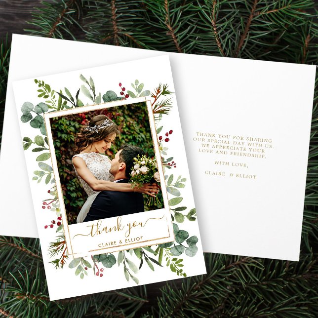 Botanical Christmas Gold Wedding Thank You Photo Card (Front & Inside)