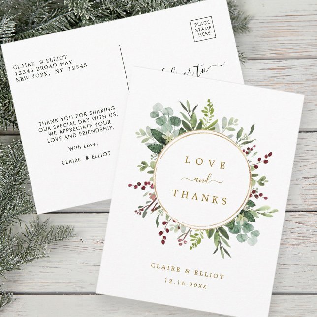 Botanical Christmas Gold Wedding Thank You  Postcard (Front & Back)