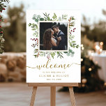 Botanical Christmas Gold Wedding Welcome Photo Poster<br><div class="desc">This photo wedding welcome sign features painted watercolor eucalyptus greenery,  green leaves,  red berries,  pine branches with a gold square frame. For more advanced customisation of this design,  please click the "Customise further" link.  Matching items are also available.</div>