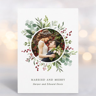 Botanical Christmas Green Married and Merry Photo  Holiday Card