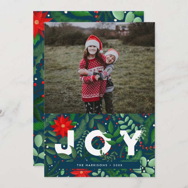 Botanical Christmas Joy (on Blue) Single Photo Holiday Card (Front/Back)