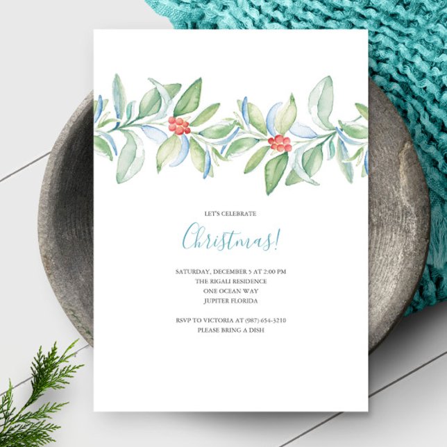 Botanical Christmas Watercolor Invite (Christmas invitations unique watercolor greenery and red berries by Victoria Grigaliunas)
