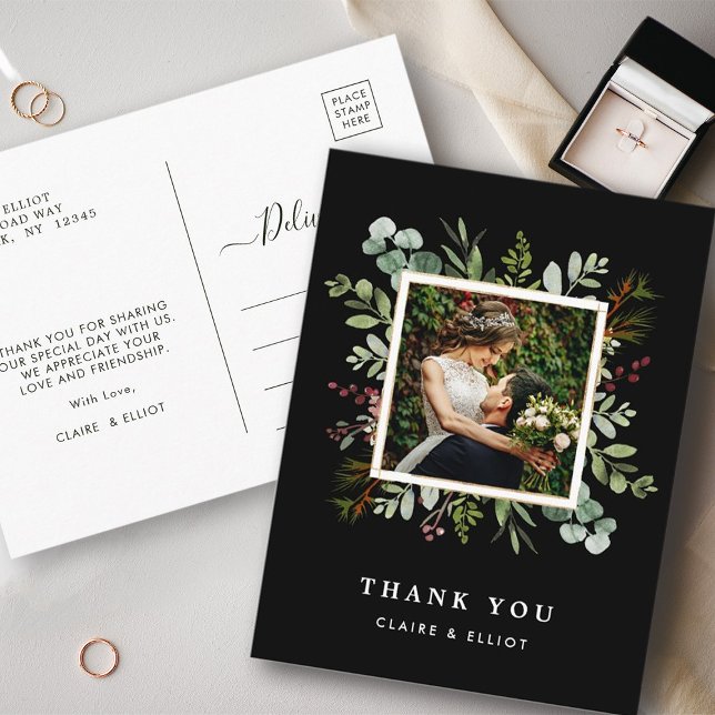 Botanical Christmas Wedding Black Thank You Photo Postcard (Front & Back)