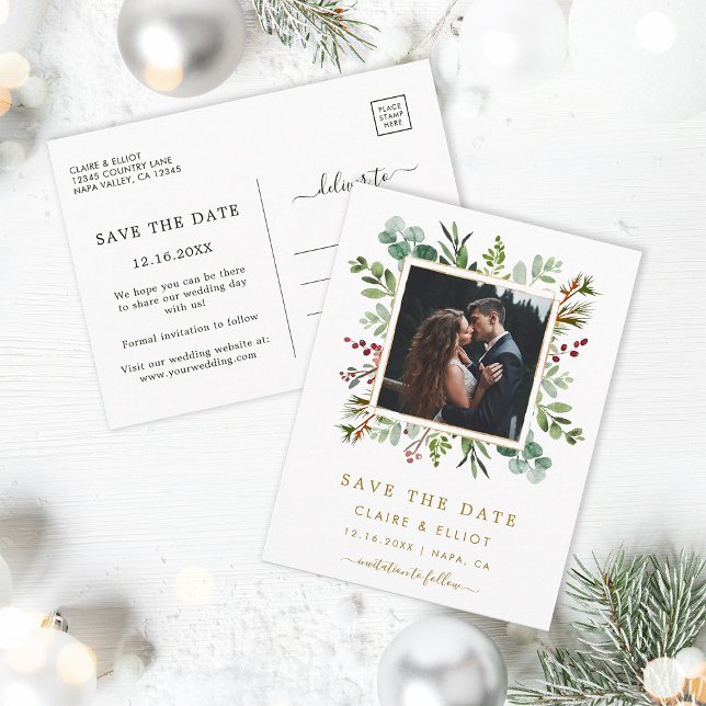 Botanical Christmas Wedding Photo Save the Date Announcement Postcard (Front & Back)
