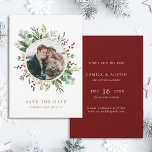 Botanical Christmas Winter Wedding Gold Photo Save The Date<br><div class="desc">This Christmas | Holiday photo save the date flat card features painted watercolor eucalyptus,  green leaves,  red berries,  pine branches with a faux gold circle frame. For more advanced customisation of this design,  please click the "customise further" link. Matching items are also available.</div>