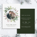 Botanical Christmas Winter Wedding Green Photo  Save The Date<br><div class="desc">This Christmas | Holiday save the date flat card features painted watercolor eucalyptus,  green leaves,  red berries,  pine branches with a circle photo. For more advanced customisation of this design,  please click the "customise further" link. Matching items are also available.</div>