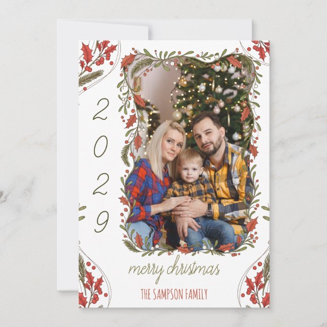 Botanical Christmas Wreath – Custom 1 Family Photo Holiday Card (Front)