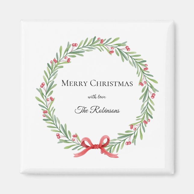 Botanical Christmas Wreath Modern Script Magnet (Front)