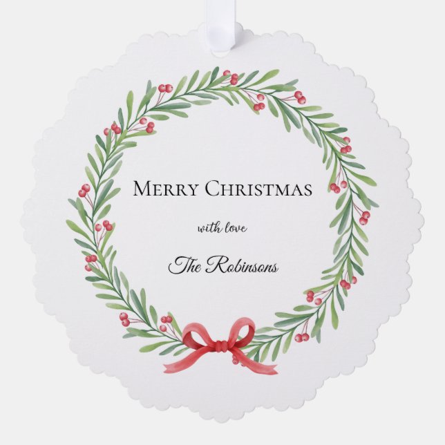 Botanical Christmas Wreath Modern Script  Tree Decoration Card (Front)